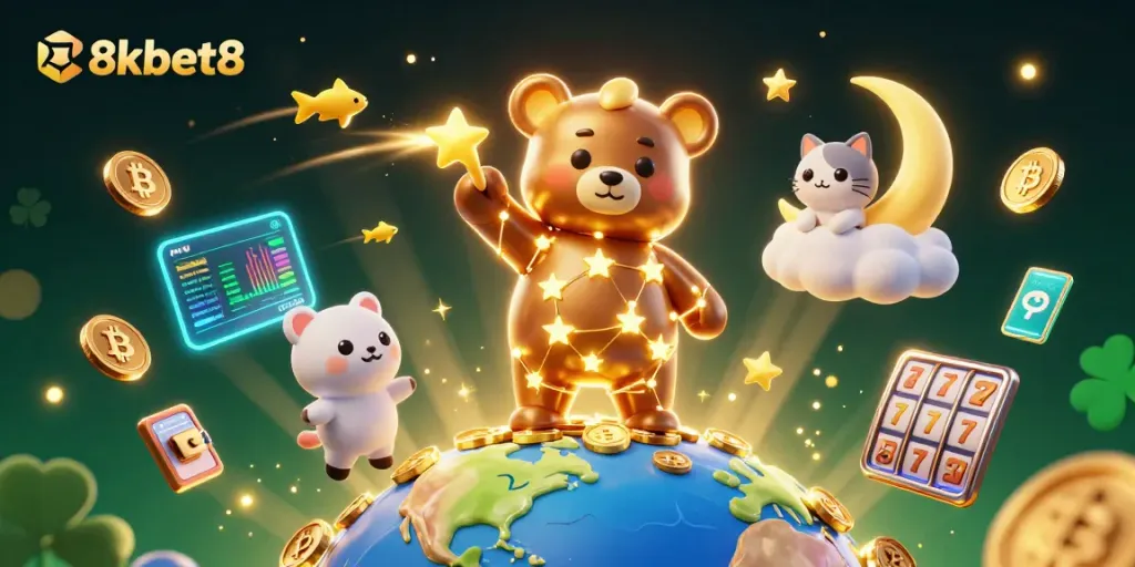 Experience thrilling gaming with 8xbet8, a vibrant 3D illustration of a constellation bear and casino elements.