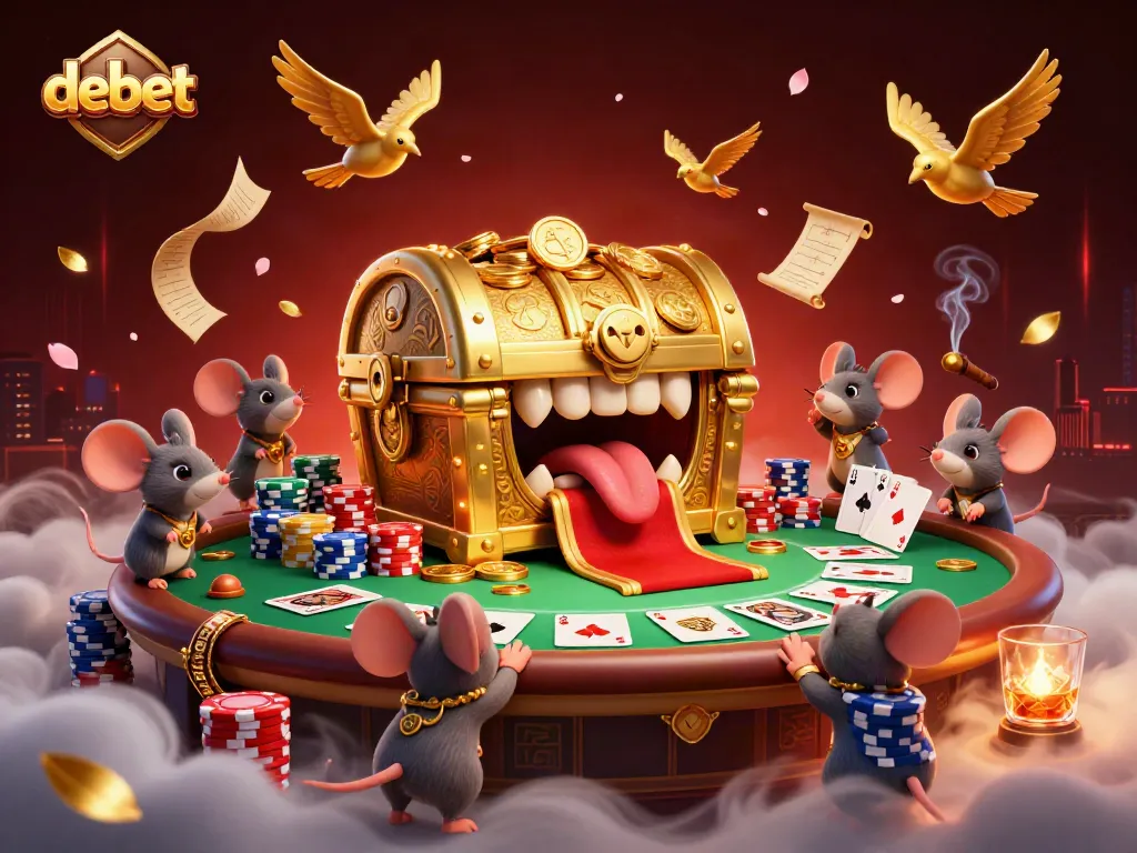Experience debet’s vibrant casino thrill with a treasure chest luring adventurer mice amidst poker excitement.