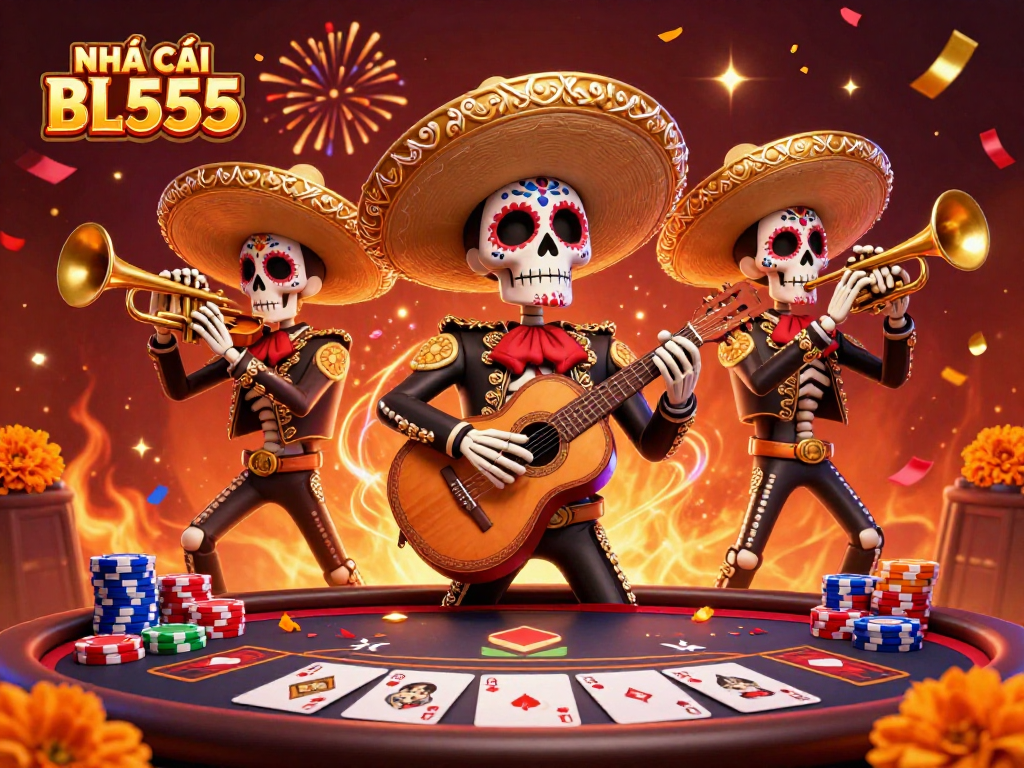 Play your cards right with NHÀ CÁI BL555 as vibrant skeleton mariachi celebrate a jackpot win