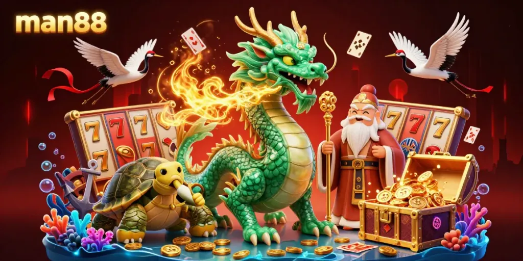 Experience thrilling action with man88 as the jade dragon, sage, and lucky cranes bring luck in an exciting casino scene.