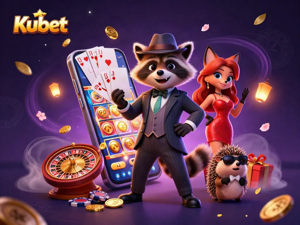 Kubet casino scene featuring a raccoon and fox celebrating a royal flush hand with vibrant slot game elements.