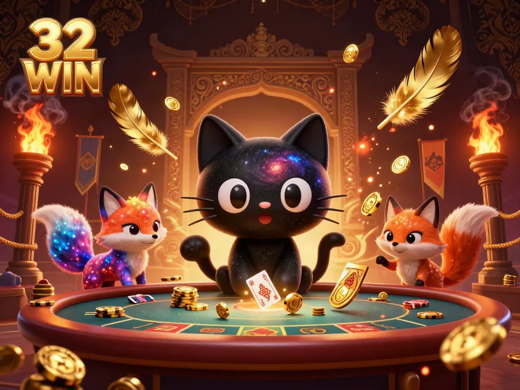Experience thrilling gaming action at 32 WIN with captivating visuals of cosmic elements and engaging characters.