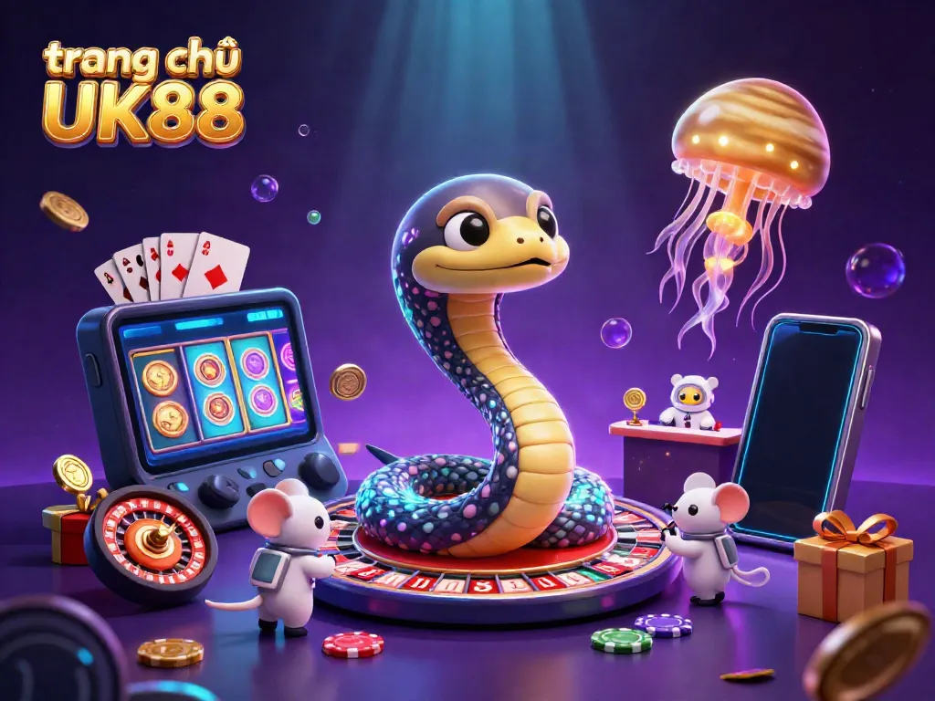 Engage with trang chủ UK88 as astronaut mice bet on a cosmic roulette in a vibrant 3D casino scene.