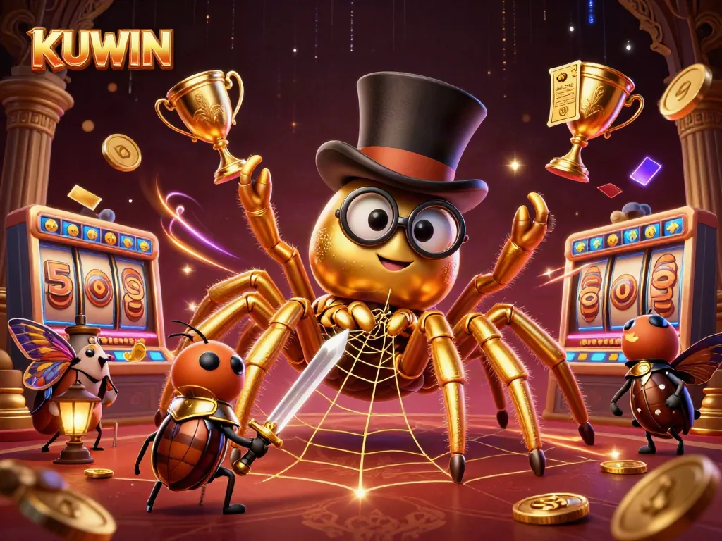Engage with the thrilling KUWIN experience in this vibrant casino-themed scene featuring a golden tarantula and heroic knight.