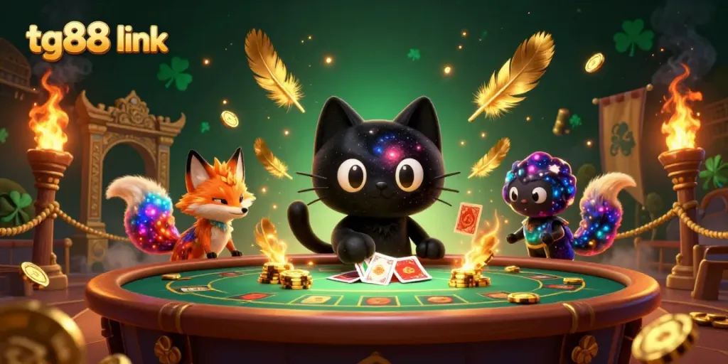 Engage with the tg88 link at a cosmic casino featuring vibrant characters and gold elements.