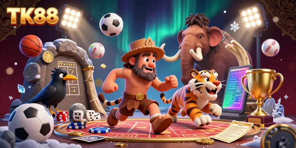 Experience thrilling excitement at TK88's prehistoric casino with a caveman, sabertooth tiger, and sports elements!