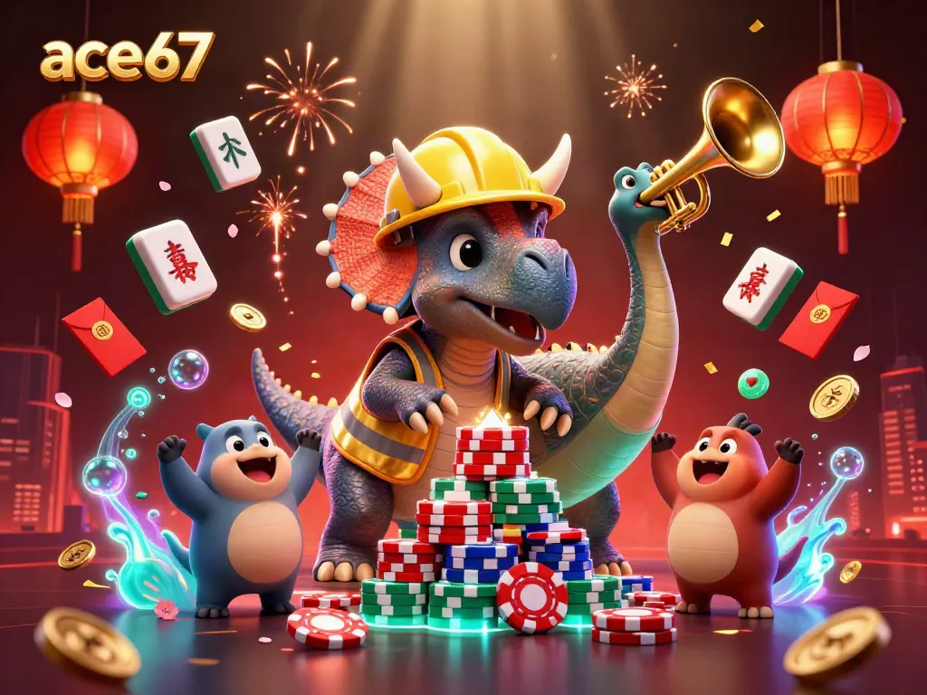 Experience the excitement of ace67 with a vibrant 3D scene celebrating casino gaming and fun.