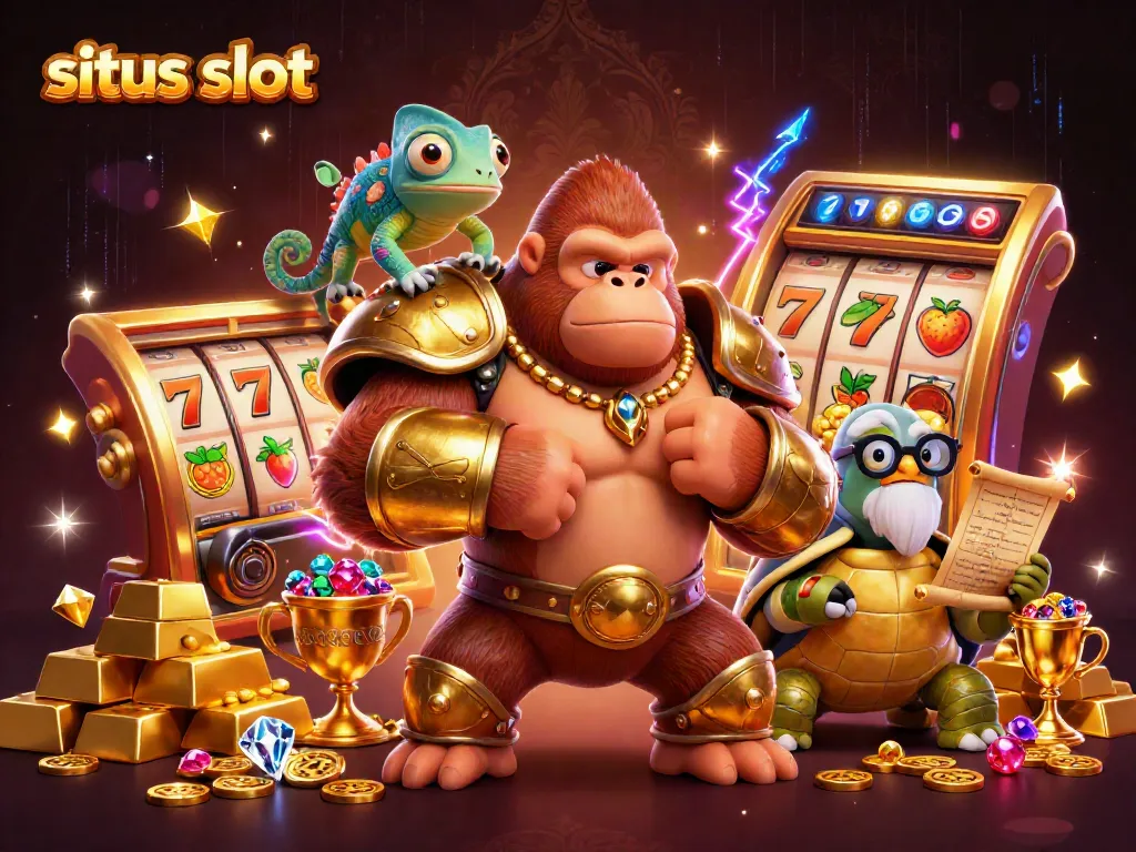 Experience the excitement of situs slot games with a gorilla king, chameleon spy, and tortoise elder in an animated casino adventure.