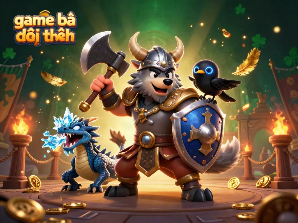 Engage with game bài đổi thưởng in a vibrant 3D illustration featuring a Viking wolf and dragon, showcasing dynamic casino elements.