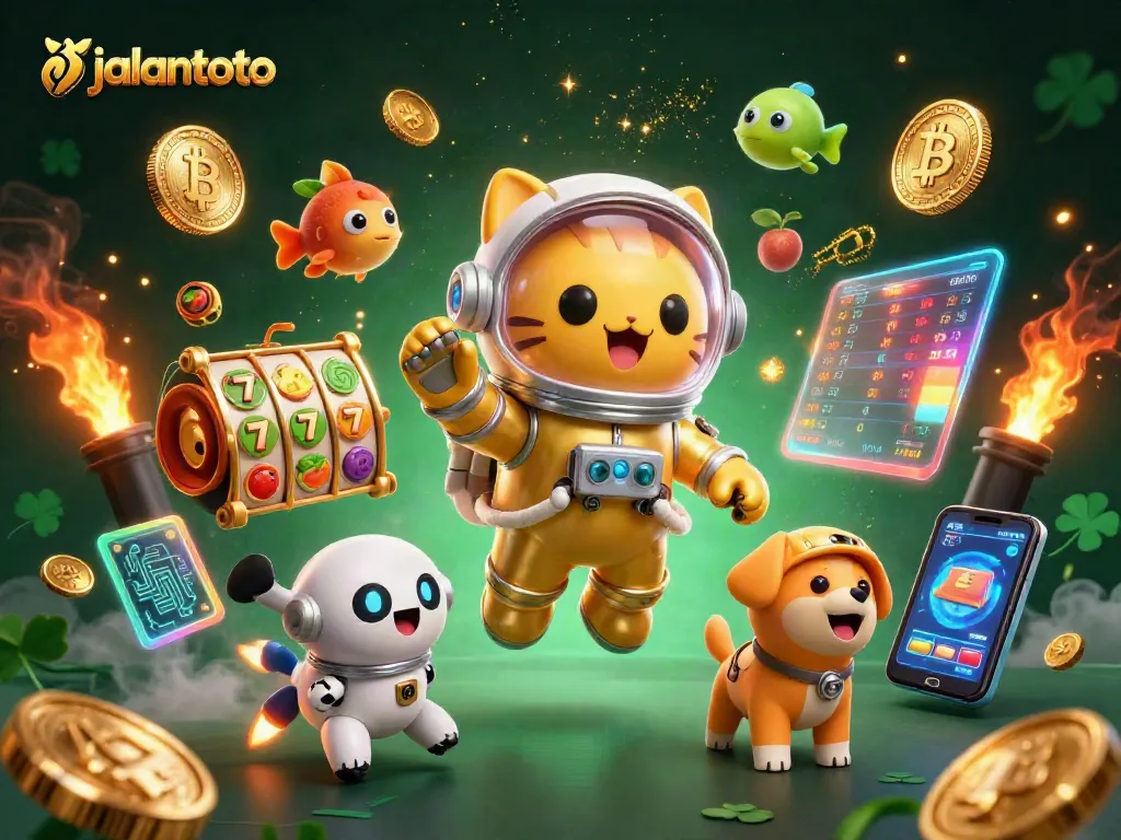 Engage in thrilling gameplay at jalantoto with vibrant slot machines, golden motifs, and energetic characters!