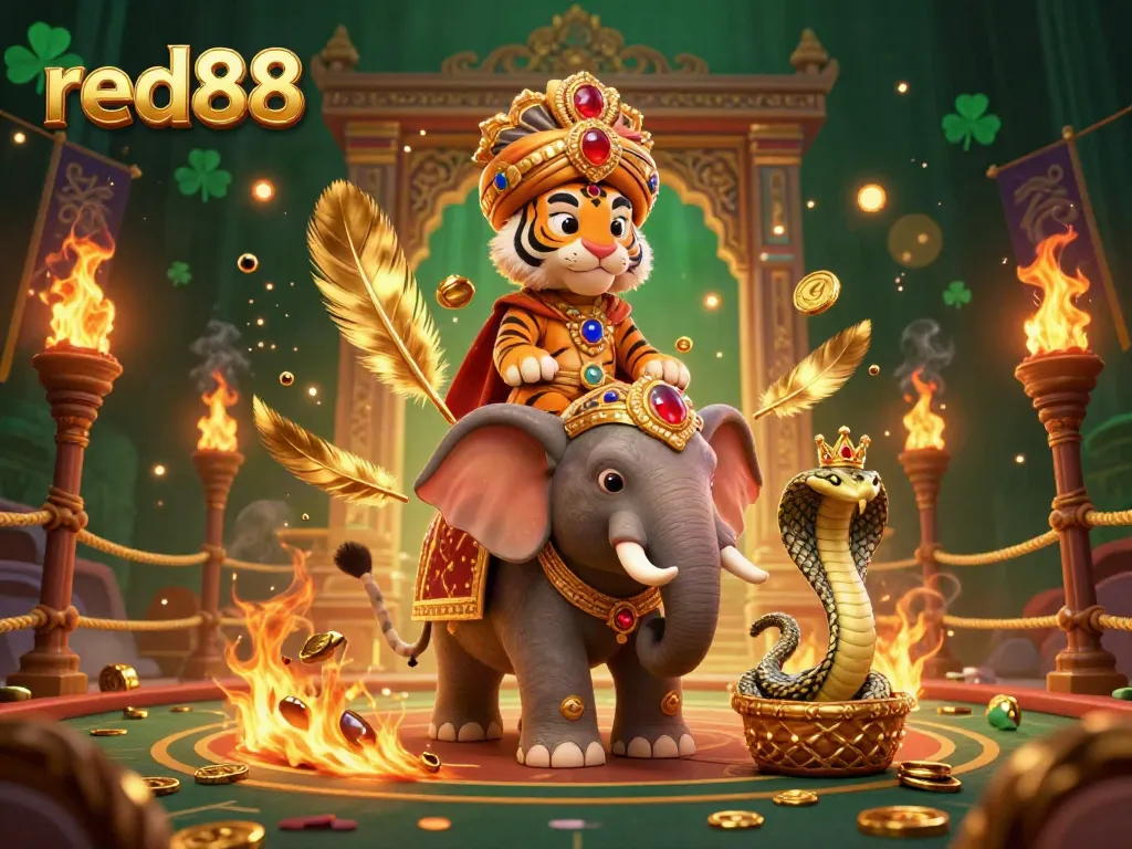 Engage with red88’s thrilling gambling scene featuring a maharaja tiger, jewel-encrusted elephant, and fiery effects.