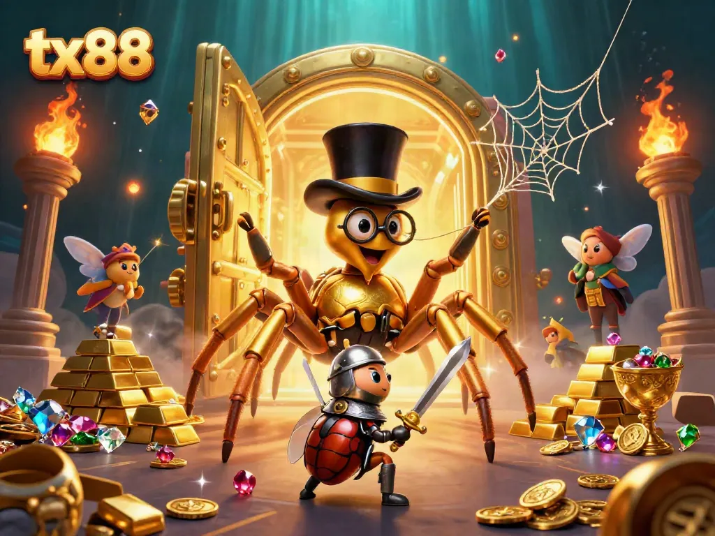 Experience thrilling action at tx88 with a brave beetle knight confronting a golden tarantula in a vibrant casino