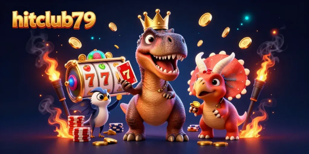 Experience hitclub79 with a whimsical T-Rex and friends playing cards in a vibrant casino scene.