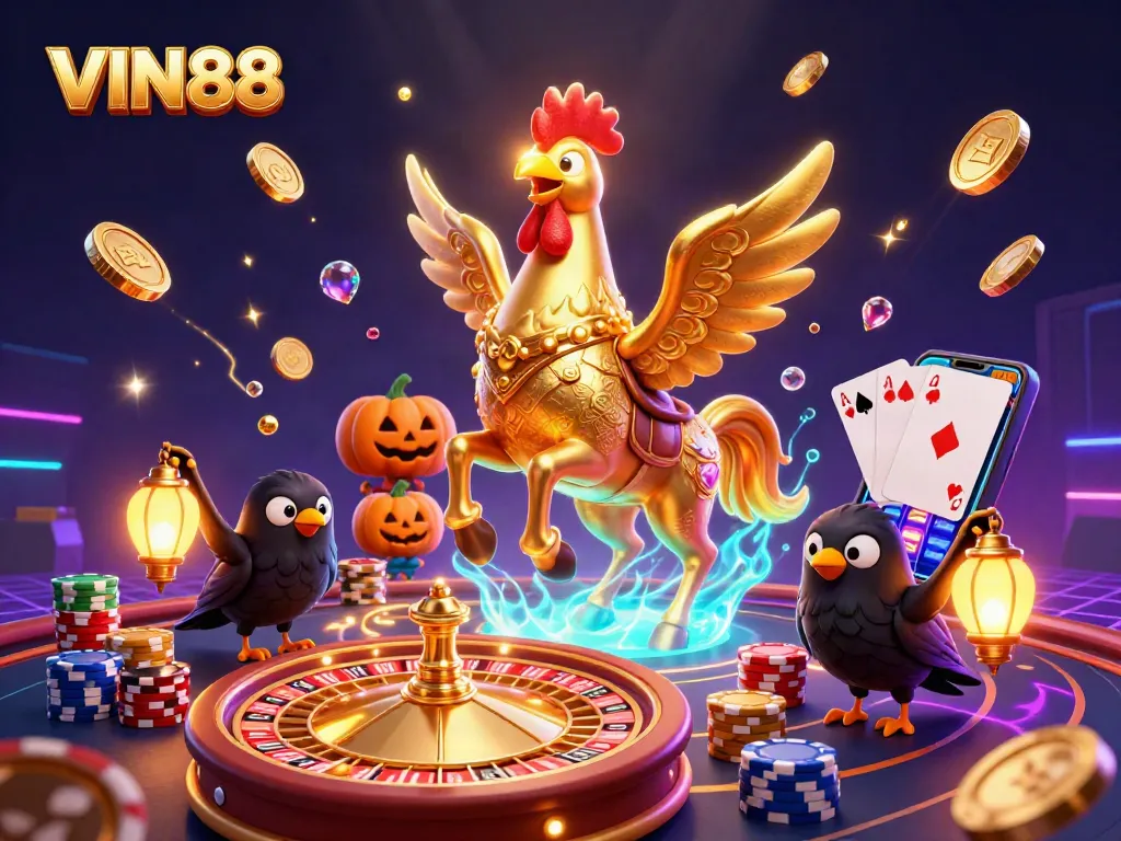 Engage in thrilling gameplay at VIN88, featuring golden rooster and spectacular casino visuals.