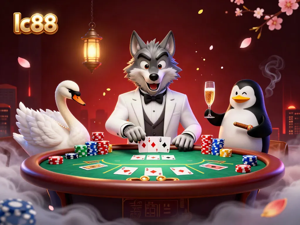 Experience exciting baccarat with lc88's debonair wolf and elegant characters dealing cards.