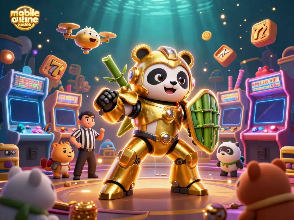 Immerse in the mobile online casino experience as a mech-suit golden panda battles with dynamic game elements.