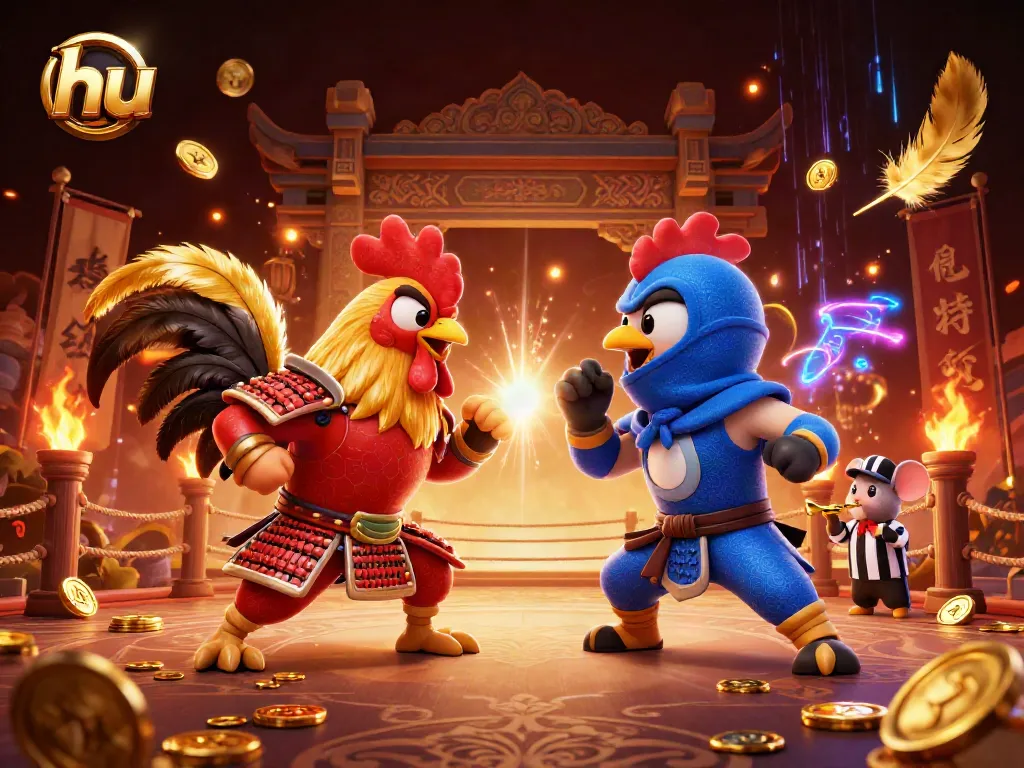 Bet big on hu as colorful roosters battle in a lively casino arena with golden tokens!