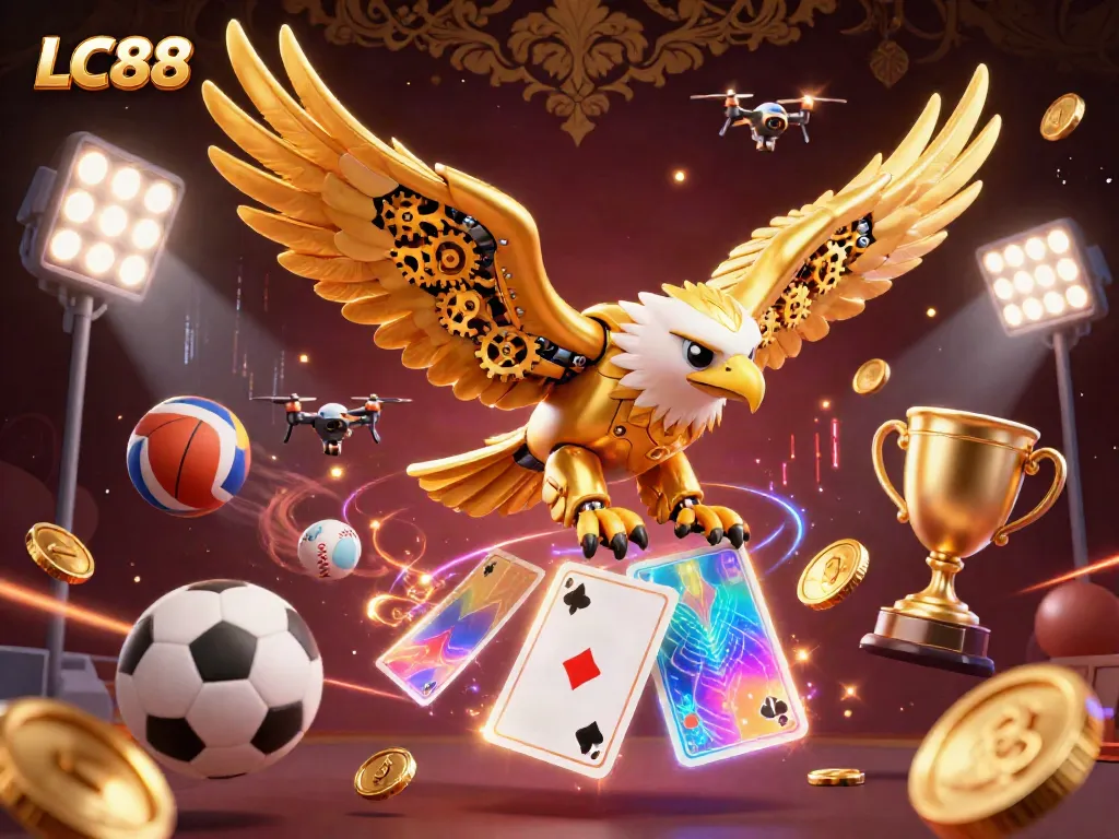 Experience the thrill of gaming at LC88 with a dynamic 3D illustration showcasing vibrant casino elements.