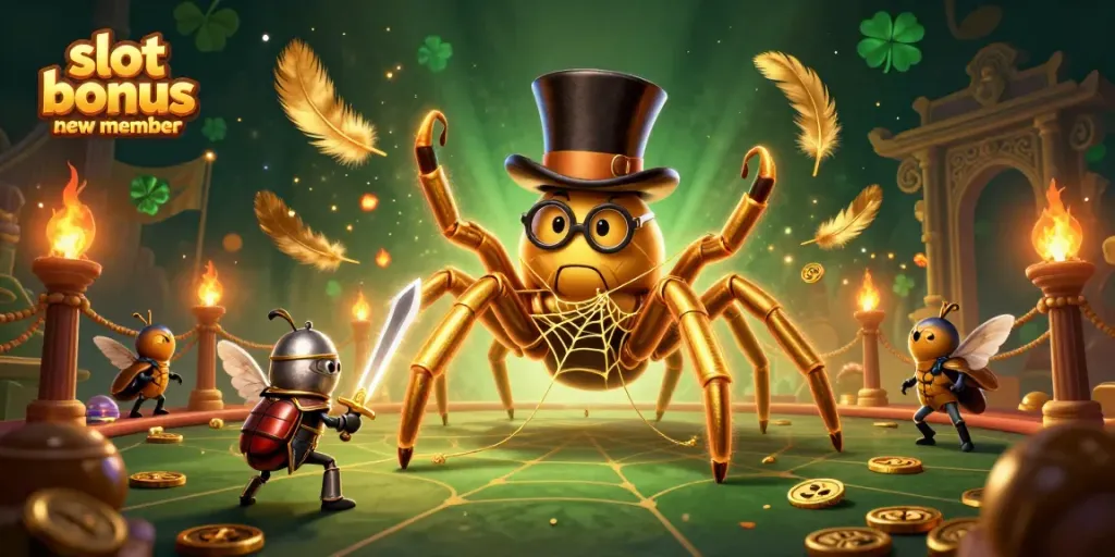 Experience the excitement of slot bonus new member with a vibrant 3D casino scene featuring a golden tarantula and a beetle knight.