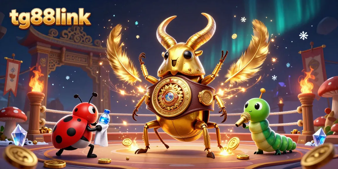 Engage with tg88link in an exciting arena showcasing a giant golden beetle and vibrant casino elements.