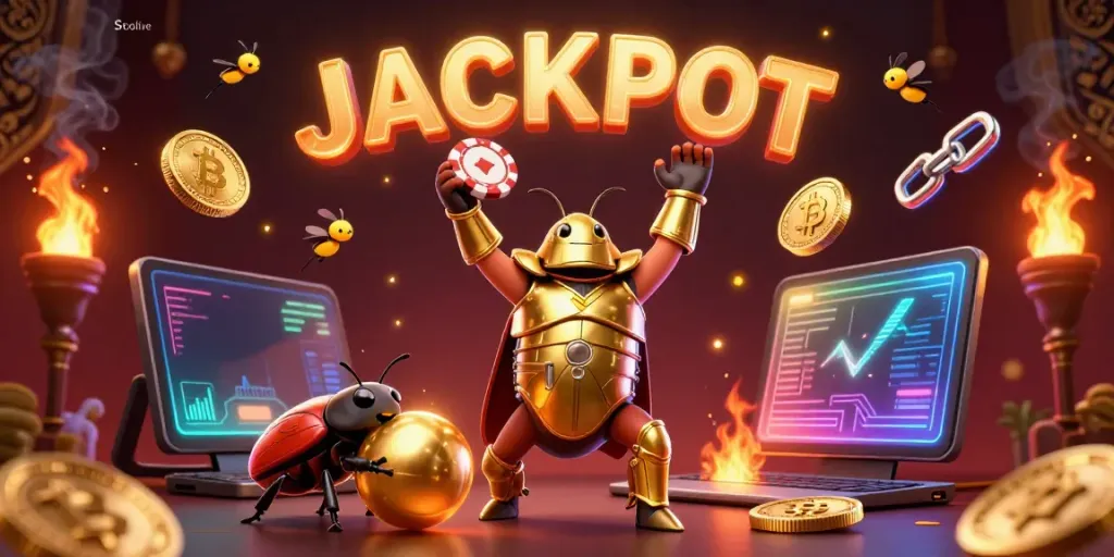 Socolive highlights a 3D hercules beetle celebrating poker success amidst glowing crypto elements.