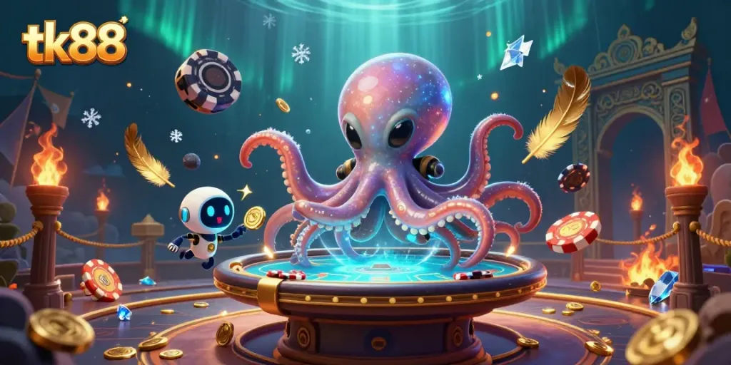 Engage with tk88 at an exciting virtual poker table hosted by an alien octopus and its robot companion.