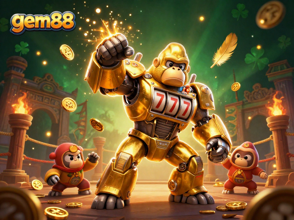 Experience the thrill of gem88 with a vibrant illustration of a golden gorilla mech bursting with winnings.