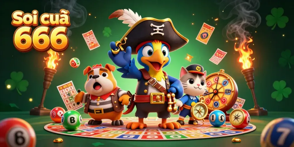 Soi cầu 666 dynamic scene with pirate characters featuring colorful lottery elements, offering a thrilling casino vibe.