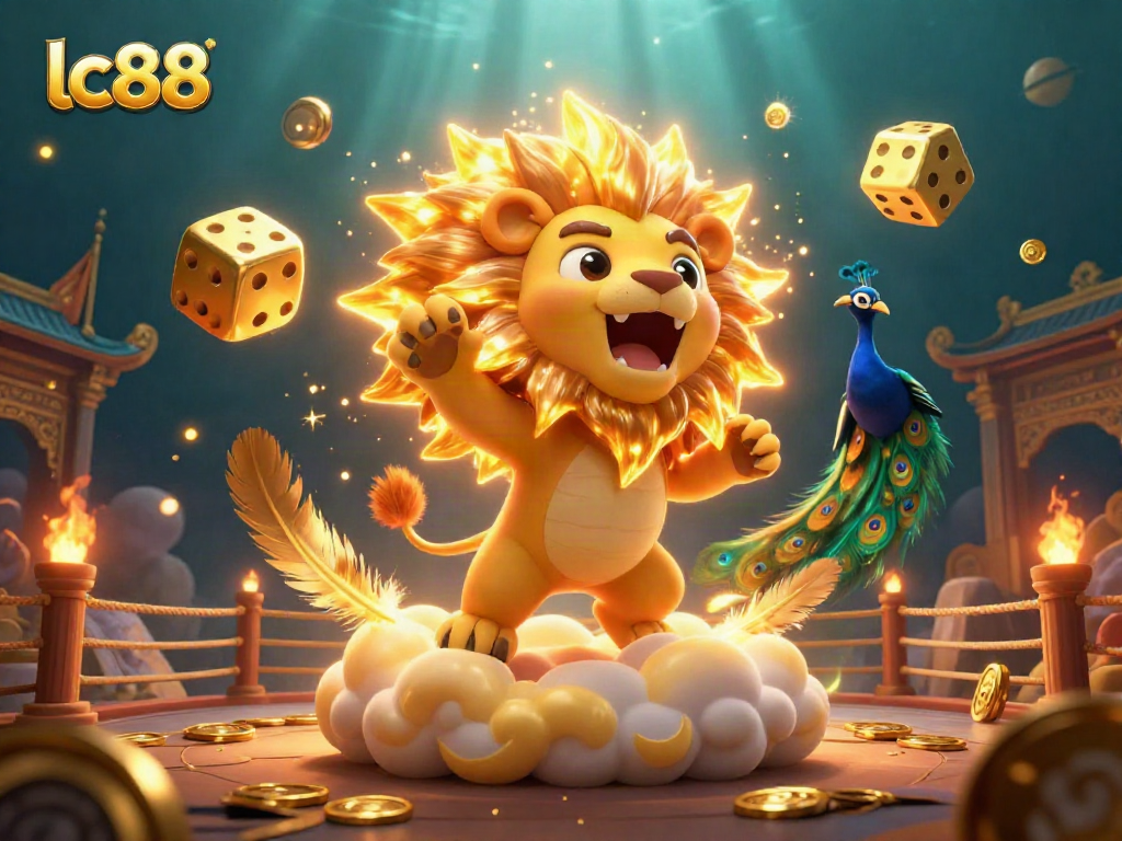 Engaging lc88 gaming scene featuring a roaring sun lion and golden dice amidst immersive casino elements.