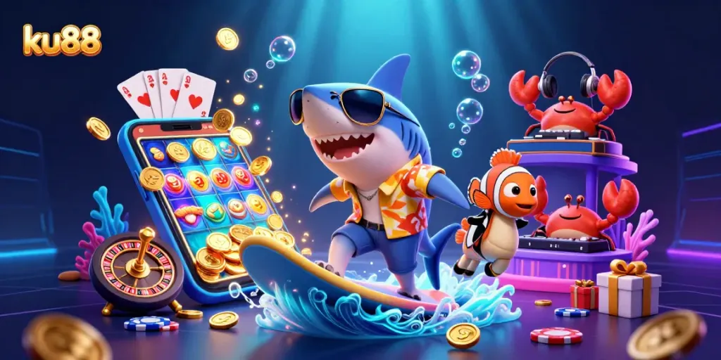 Engage with ku88 as the shark surfs on coins, showcasing vibrant casino action.