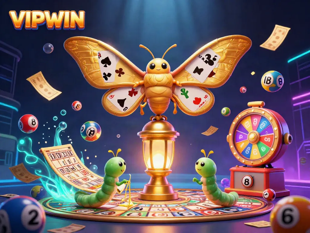 Experience thrilling wins at VIPWIN with a vibrant 3D illustration featuring colorful gaming elements and a majestic moth.