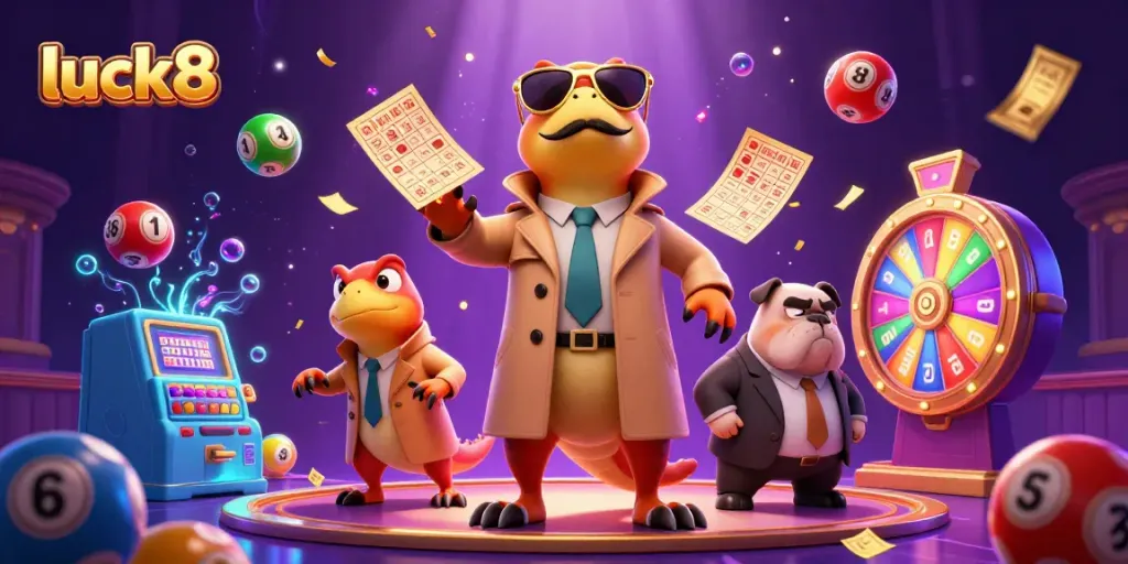Experience the excitement of luck8 with cartoon characters exploring a VIP casino lounge filled with vibrant game elements.