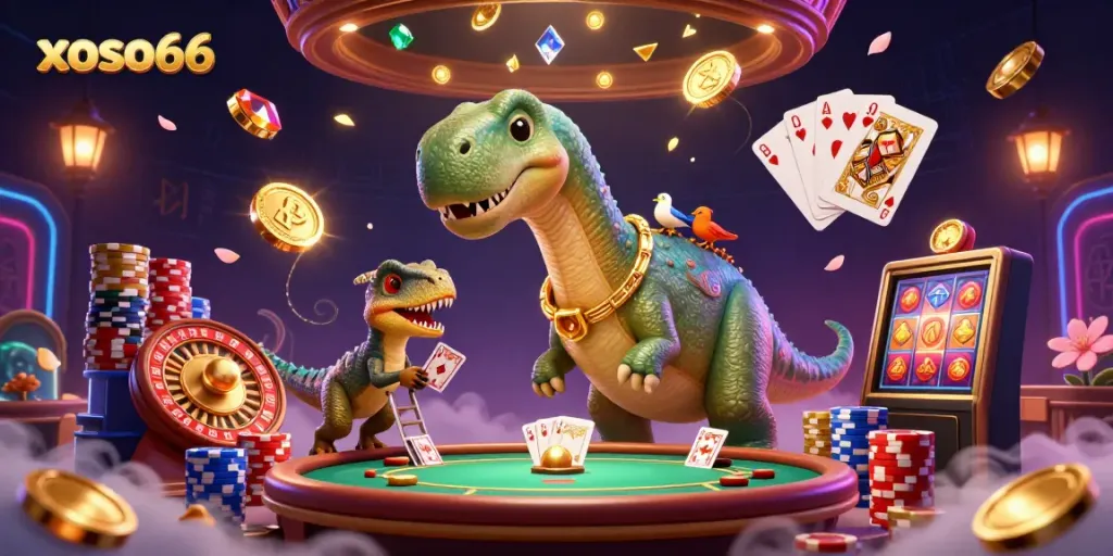 Engage in exciting gaming with xoso66's unique 3D illustration showcasing a brontosaurus in a casino.