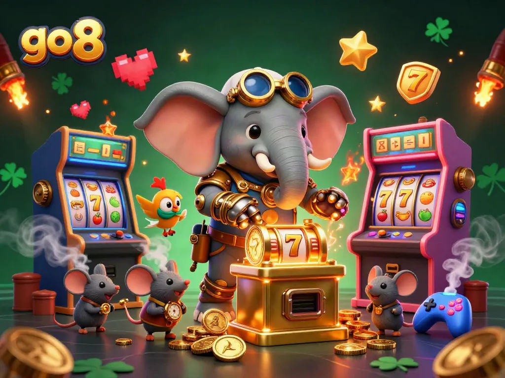 Experience the excitement of go 8 casino gaming with a vibrant steampunk scene filled with golden slot machines and animated characters.