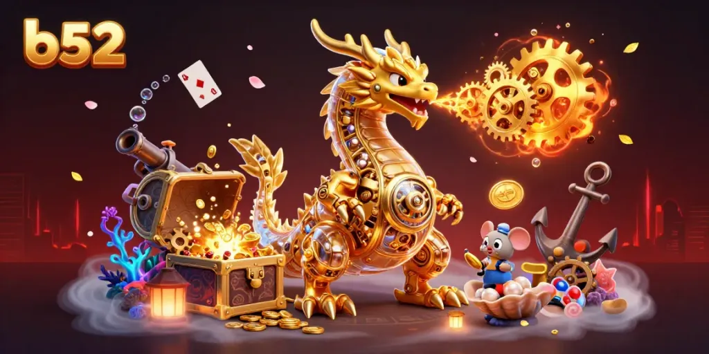 Experience the thrilling world of B52 casino with a captivating golden dragon and treasures.