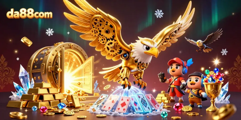 Engage in thrilling gameplay at da88com with a vibrant casino scene featuring golden treasures and dynamic characters.