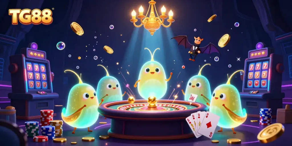 Engage in exciting gameplay at TG88 with vibrant glowworms illuminating a dynamic cave casino scene.