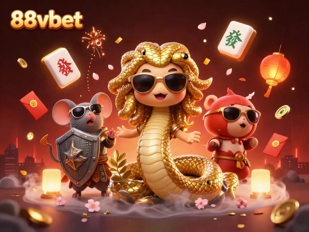 Experience thrilling 88vbet gaming with Medusa and a warrior mouse amidst festive casino elements.