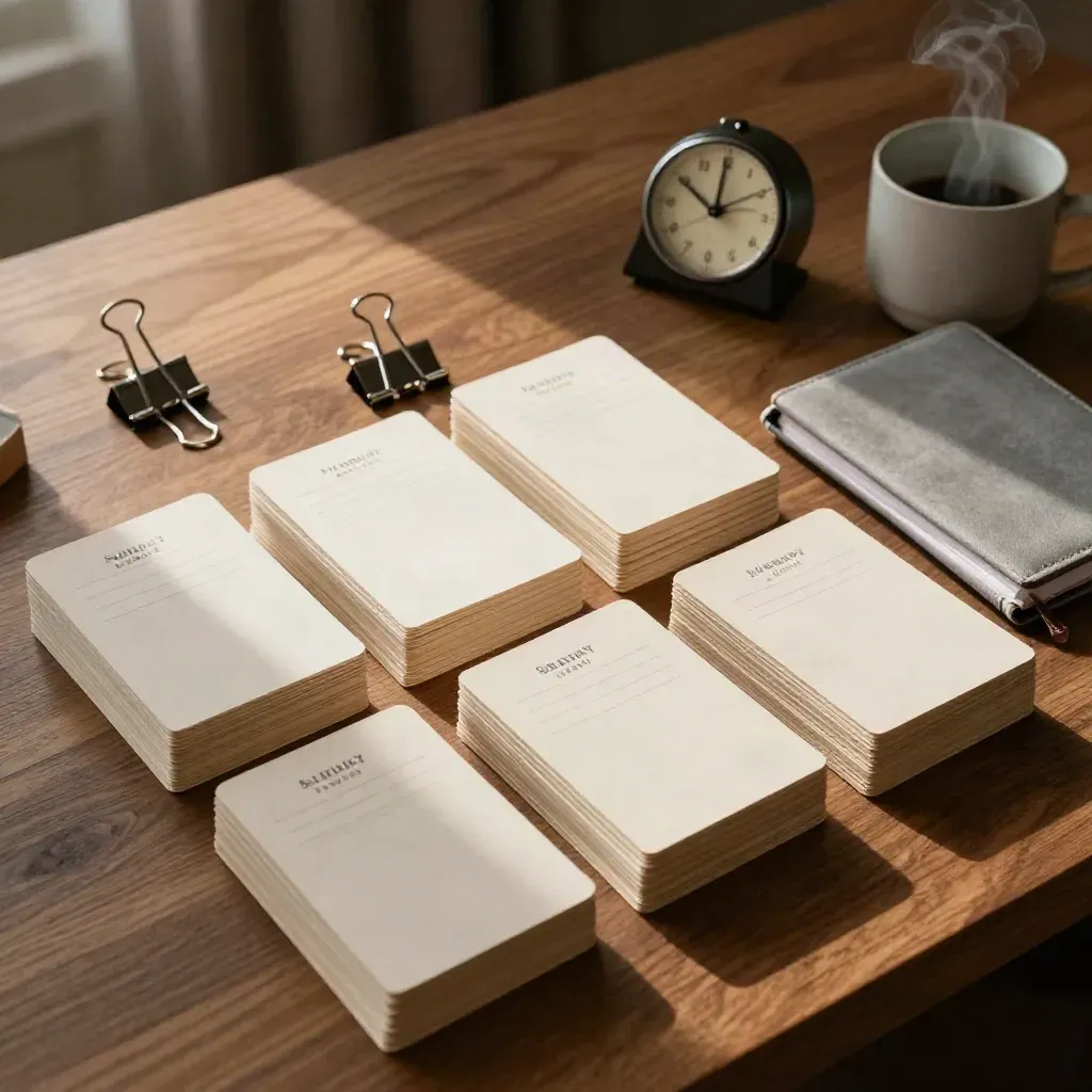 Fiszki do powtórek, planer i timer na orzechowym biurku.