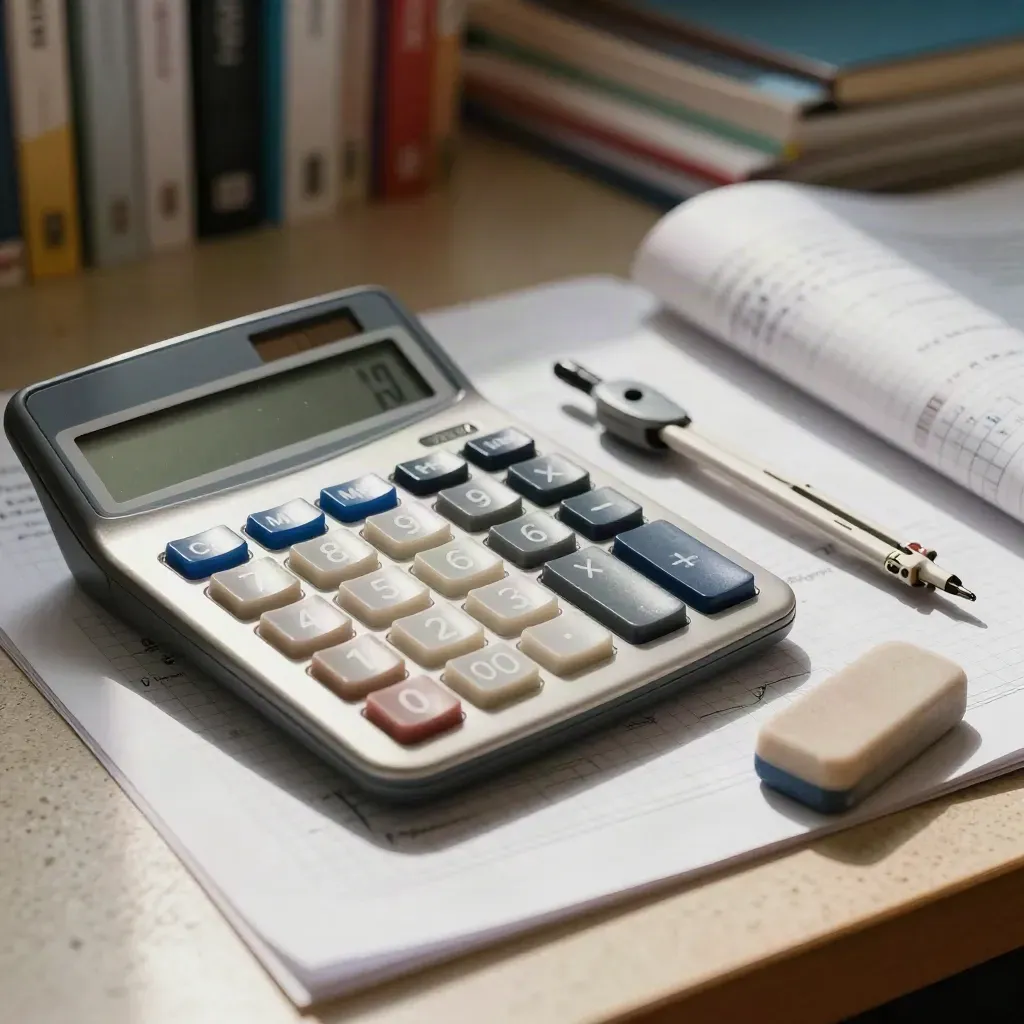 Zestaw matematyczny na szkolnym blacie: kalkulator, płytki, cyrkiel, gumka i kartka w kratkę.