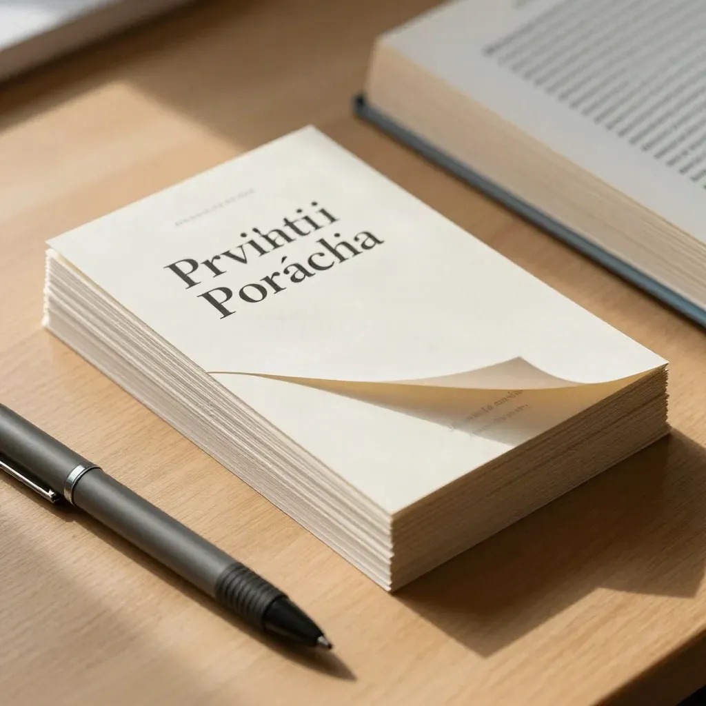 Kartki z notatkami z literatury przesuwają się na jasnym drewnie obok długopisu i książki