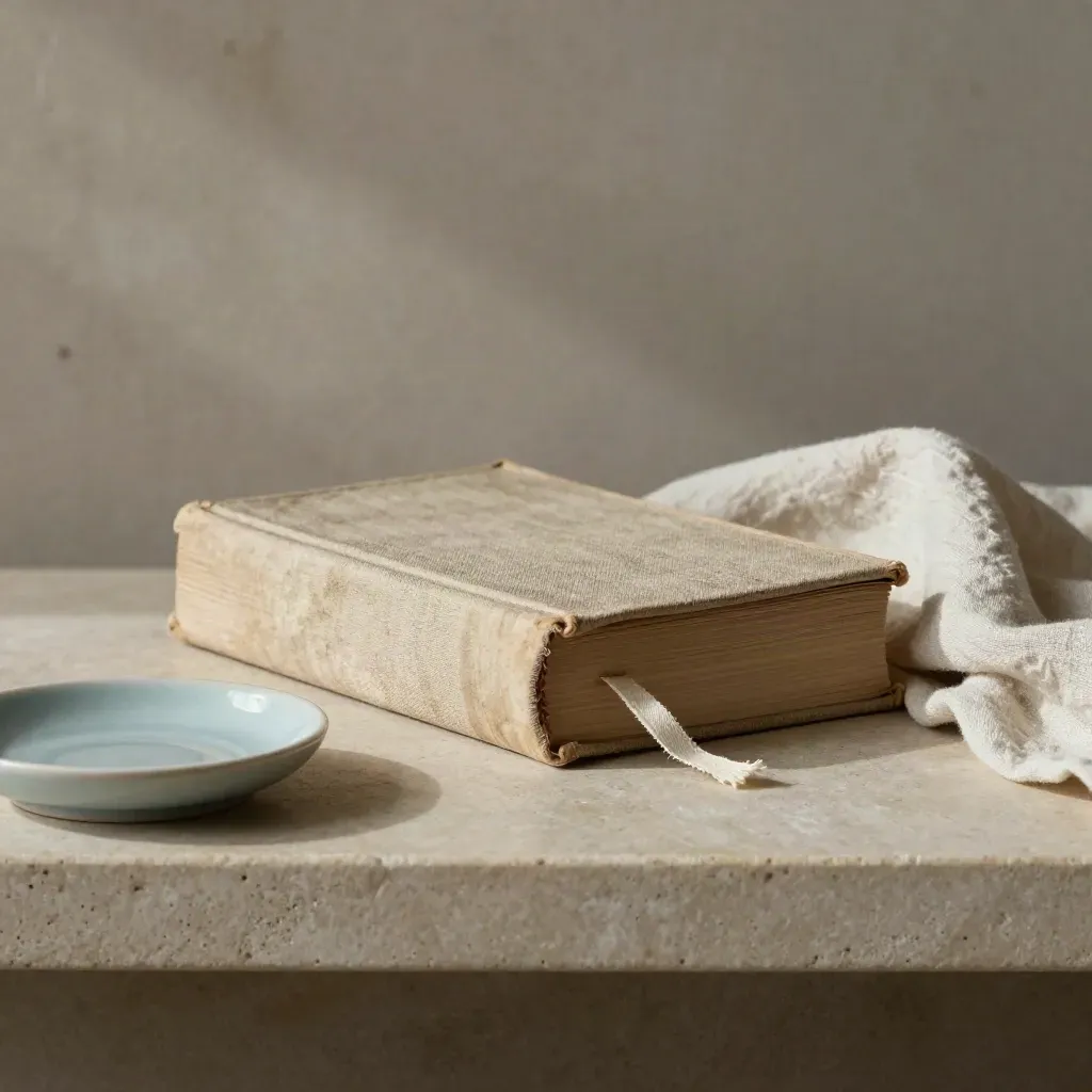 Książka w lnianej oprawie z zakładką, lniana serweta i ceramiczna miseczka na kamiennej półce.