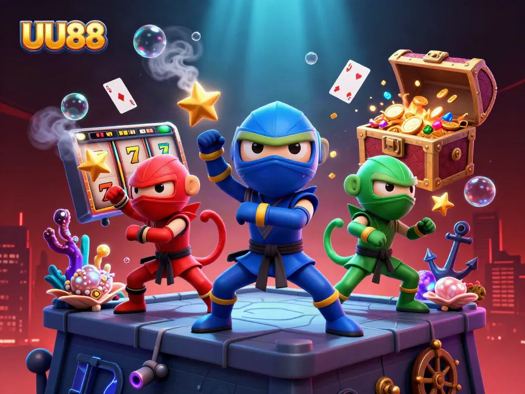 UU88 ninjas engage in thrilling casino actions with slot reels and sparkling treasures.