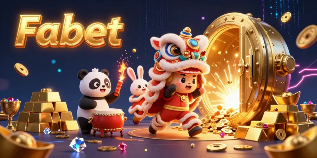 Experience the excitement of Fabet with dynamic casino elements in a vibrant 3D scene.