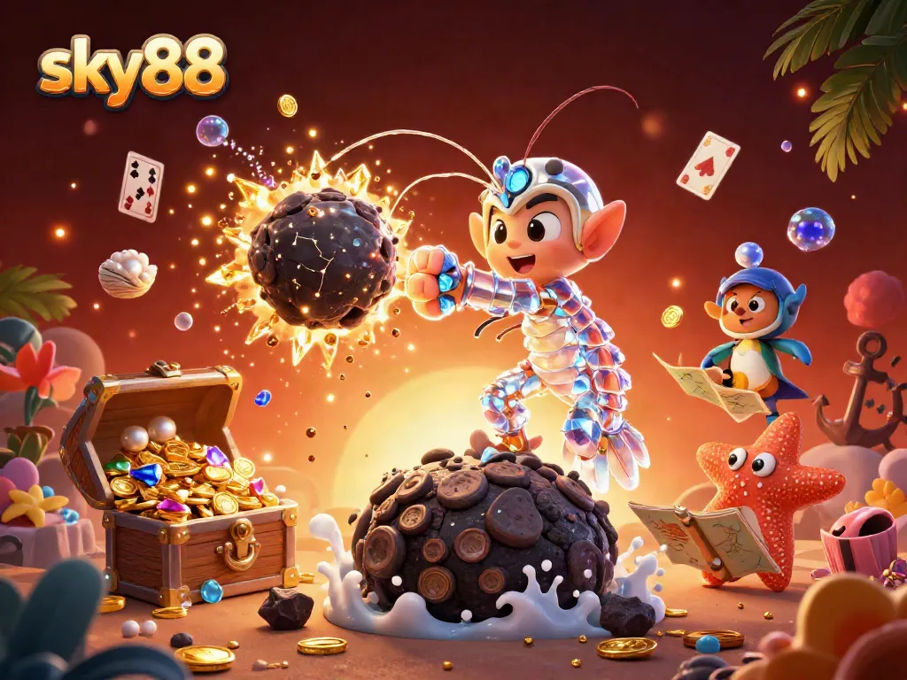 Sky88 gaming scene featuring animated casino elements with treasures exploding and characters interacting.