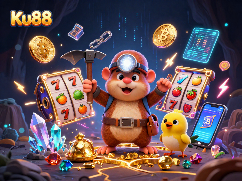 Experience thrilling games at Ku88 casino with vibrant slot elements and a treasure-hunting mole.