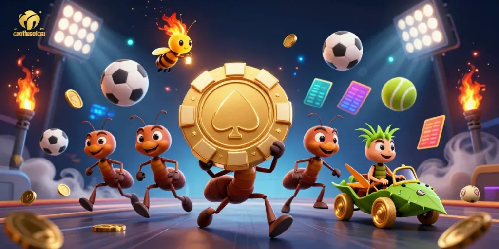 Caothusoicau showcases cartoon ants in a thrilling heist, carrying a giant poker chip amidst vibrant sports elements.