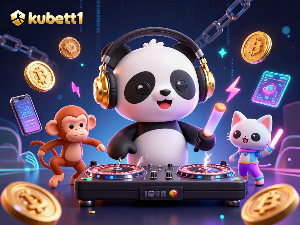 Experience the lively atmosphere of kubett1 with a DJ panda spinning casino-themed beats amidst crypto elements.