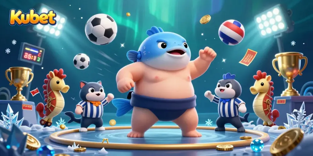 Kubet online casino illustration featuring a fugu and catfish in action with sports elements