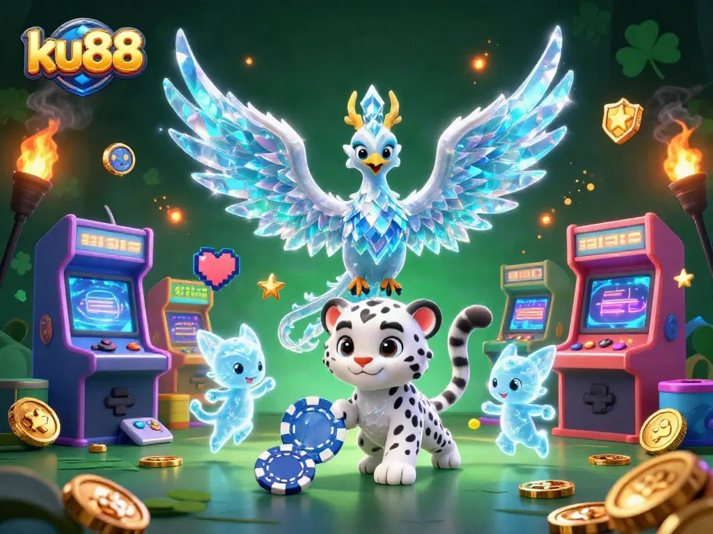 Experience thrilling gameplay at ku88 with an ice phoenix and vibrant casino elements lighting up the scene.
